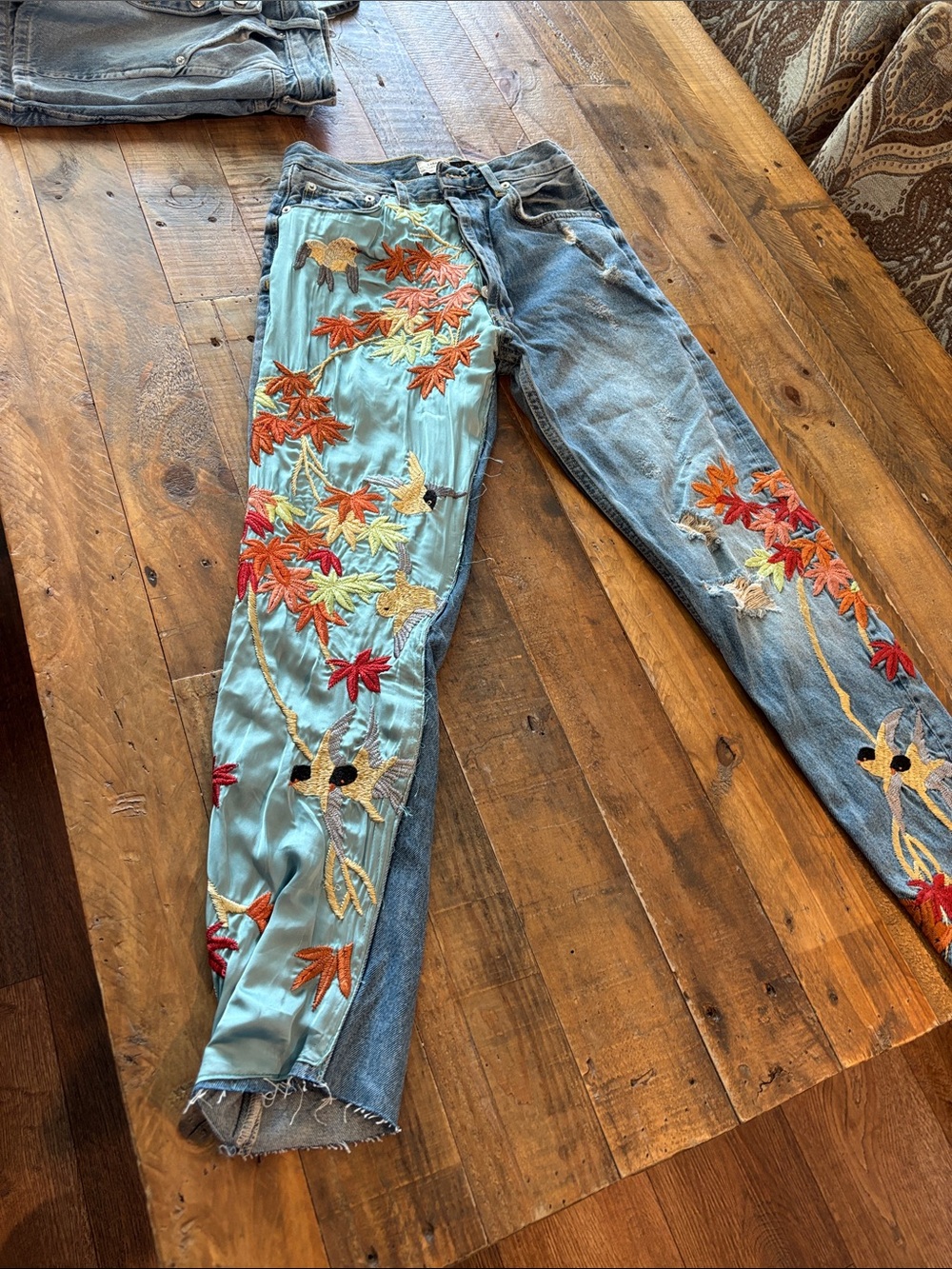 Zara Embroidered Blue Denim Jeans with Autumn Leaf Appliqué